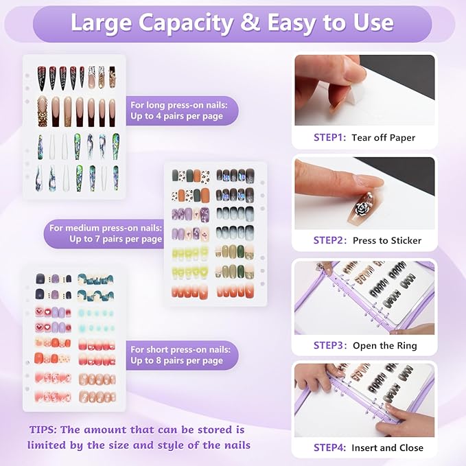 KEIFIN Press On Nail Storage Organizer Binder with 8 Insert Pages - A5 Size Reusable Fake Nail Swatch Collecting Book Polish Color Display Holder Container with Tape and Zipper Pocket (PURPLE)