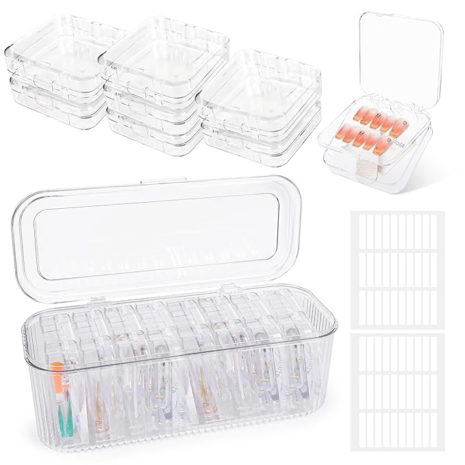 Press on Nail Storage Box,8 PCS Double Layer Press on Nail Case and 1 Big Storage Box with 60 Pcs Double Sided Adhesive Tape,Clear Acrylic Press On Nail Packaging Organizer for Fake Nail Display Salon