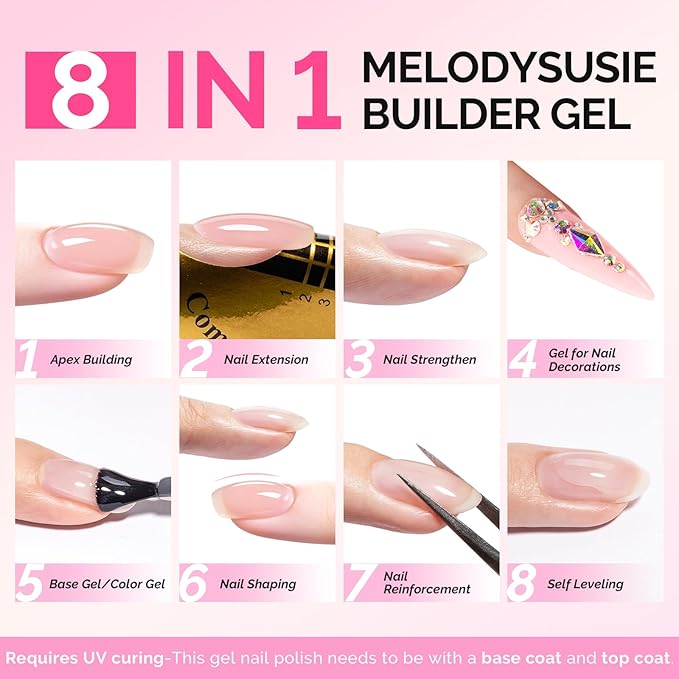 MelodySusie Builder Gel Nail Polish Set, Base Colors Nude Pink Clear 8 in 1 Nail Thickening Rubber Base Gel Polish,Soak Off UV Extension,Rhinestone Nail Glue in a Bottle Gift for Women 6 Colors