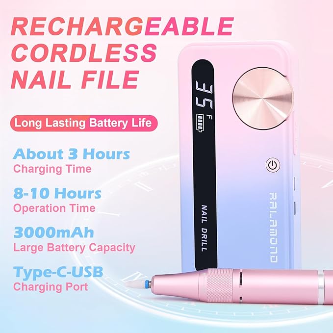 Nail Drill Professional, 35000 RPM Cordless for Acrylic Nails, Electric Nail Drill Machine with Bits, Portable Rechargeable Nail File Manicure for Salon & Home (Multicolor)