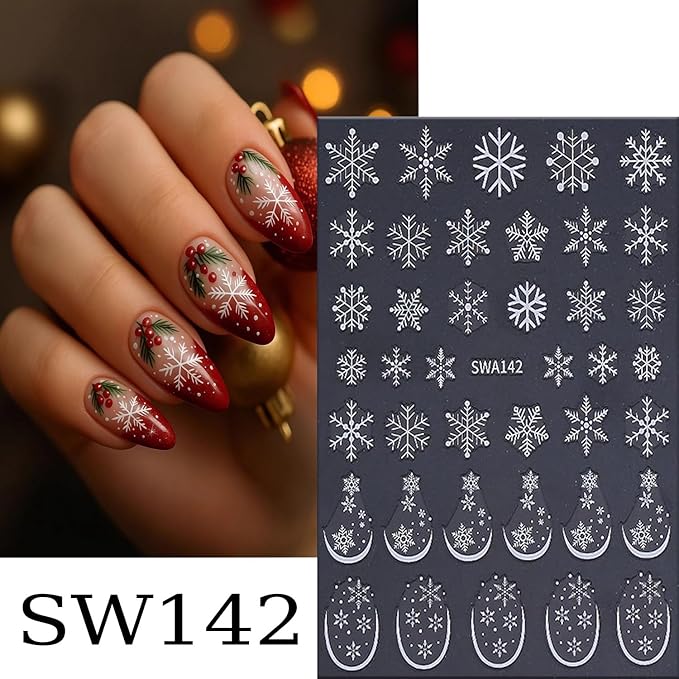 6 Sheets Christmas Snowflake Nail Art Stickers 3D Self -Adhesive Winter White Snowflake Nail Decals Holographic Festival French Nail Stickers Christmas Nail Staickers Decoration for Women Manicure