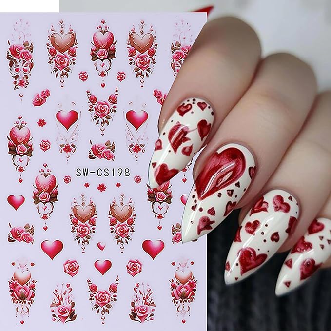 Valentine's Day Nail Art Stickers Decals Red Love Tree Rose Valentine's Day Nail Stickers 6PCS Red Heart Romantic Valentine's Day Nail Decals Nail Adhesive Sliders for Women Manicure Decor 6PCS