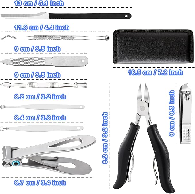 SOUTHMAN Toenail Clippers for Thick & Ingrown Nails Toenail Clippers Kits Stainless Steel Super Sharp Curved Blade Grooming Nail Tool for Man & Women Nail Clippers (9pcs)