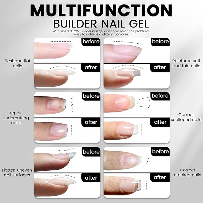 YOKEFELLOW Clear Builder Nail Gel - 6 In 1 Hema Free Apex Building 16ml for Strengthener Repair of Unevenness and Nail Extension Gel Base Coat Rhinestones