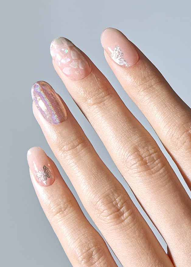 ohora Semi Cured Gel Nail Strips (N Dreamy Flutter) - Works with Any Lamps, Salon-Quality, Long Lasting, Easy to Apply & Remove - Includes 2 Prep Pads, Nail File & Wooden Stick