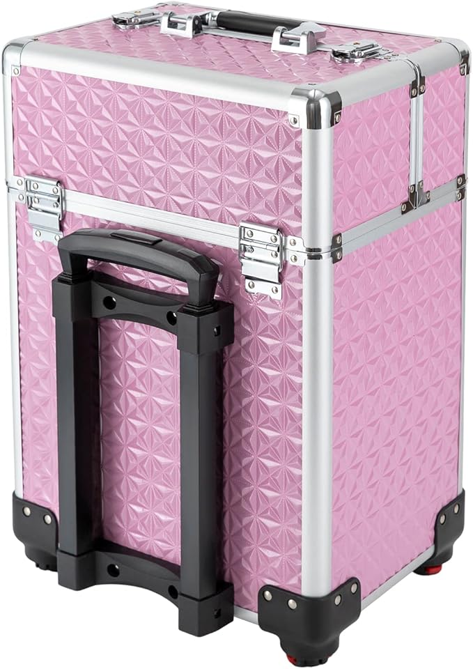 Rolling Makeup Case, Nail Storage Box with Wheels Portable Makeup Trolley for Beauty Studio Hairdressers Nail Technician (Pink)