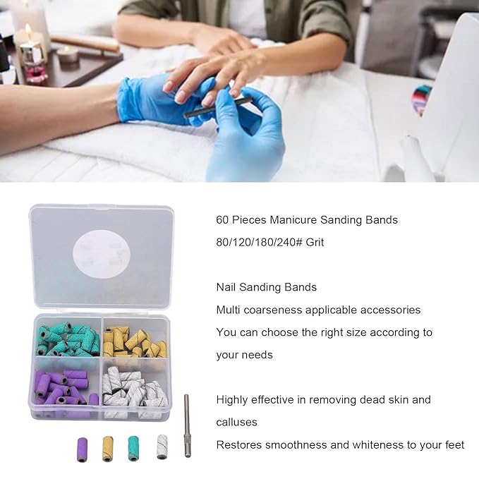 Professional Nail Sanding Bands with Mandrel Bit, 60 Pcs 80/120/180/240 Grit: Manicure Polishing Buffing Kit for Removing Calluses, Universal Fit for Electric Nail Drill Machines