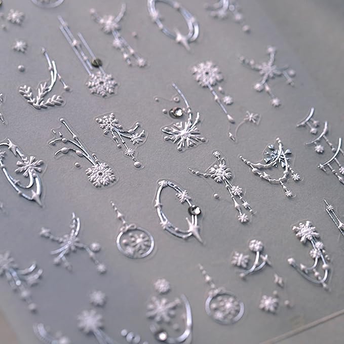 1 Sheet 5D Embossed White Christmas Snowflake Nail Stickers for Nail Art Self-Adhesive Rhinestone French Line Star Nail Decals Christmas Snowball Nail Supplies for Women Winter Holiday Manicure DIY