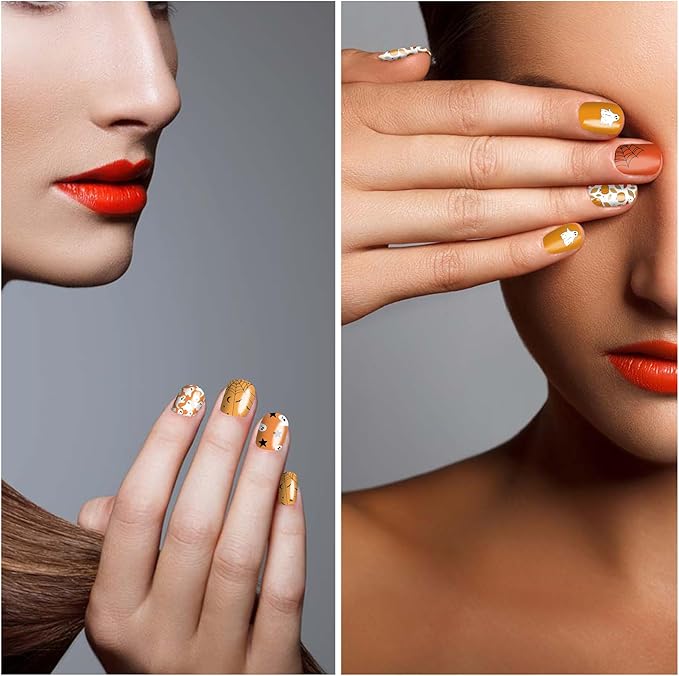 DANNEASY 8 Sheets Halloween Nail Wraps for Women Holiday Nail Polish Stickers Self Adhesive Nail Polish Strips Pumpkin Skull Ghost Fingernail Nails Design with Nail File, Cuticle Stick