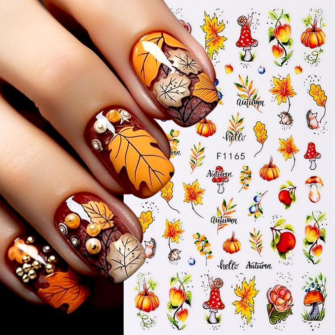 6 Sheets Thanksgiving Nail Art Stickers 3D Self -Adhesive Fall Maple Leaf Nail Decals Holographic Pumpkin Mushroom Nail Stickers Autumn Thanksgiving Nail Staickers Decoration for Women DIY Manicure