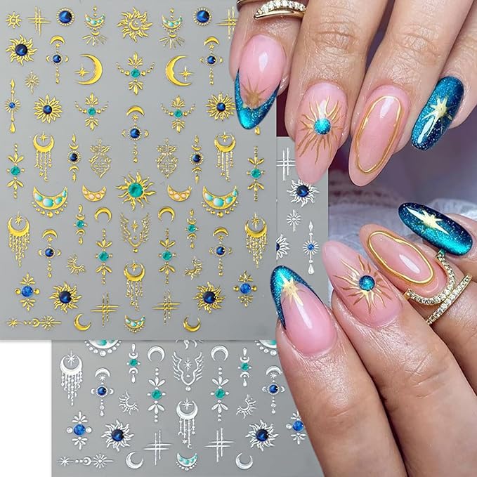 Gold Silver Star Sun Moon Nail Stickers for Nail Art 3D Self-Adhesive Stars Sun Moon Nail Tip Decals Spring Summer Fall Daily Design Manicure Decoration Accessories Stickers for Women DIY Nails