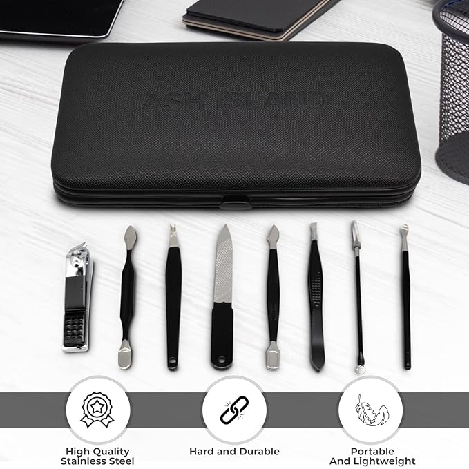 ASH ISLAND Nail Clippers Set - Black Stainless 12 in 1 For Men And Women Manicure Pedicure Travel Kit Luxury Nail File Sharp Nail Scissors Fingernails Toenails with Portable Stylish Case