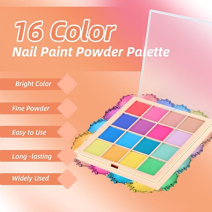 Nail Pigment Powder Palette Set, 16 Bright Colors Ombre Nail Powder Palette French Aura Nails Ombre Nail Brush Nail Long-lasting Manicure Art DIY Accessories (07)