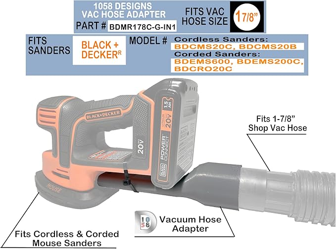 Shop Vacuum Hose Adapter compatible with Cordless BLACK+DECKER Mouse Detail Sander BDCMS20C BDCMS20B for Vac Dust Reducer Collector 1-7/8 inch