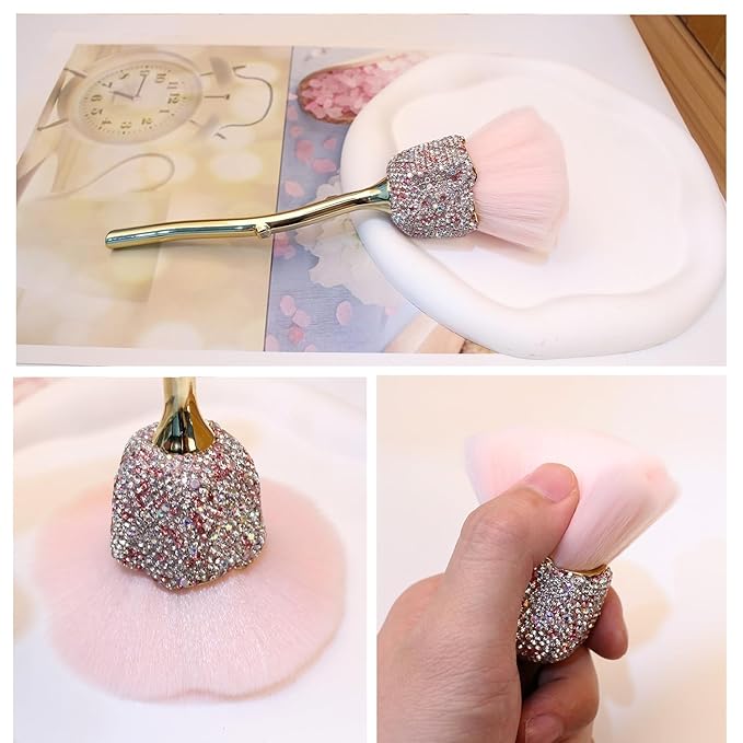 Wokoto 1pcs Rose Nail Dust Brushes Embedded Pink And White Rhinestones For Acrylic Nails Powder Remover Trimming Cleaning Tools Loose Face Cosmetics Blending Foundation Powder Make Up Brushes
