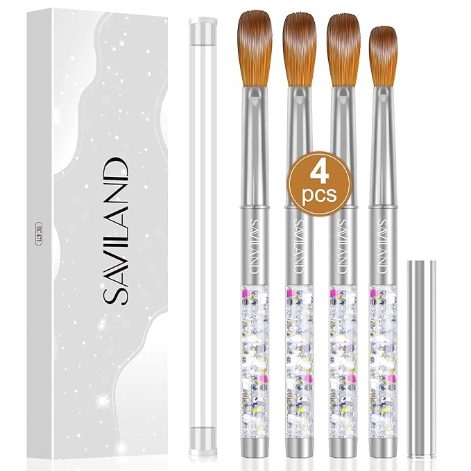 SAVILAND Kolinsky Acrylic Nail Brush Set: Size 6,10,12,14 Professional Nail Art Brushes with Silver Handle for Acrylic Powder, Nail Extensions & 3D Carving - Salon & DIY Nail Art Supplies