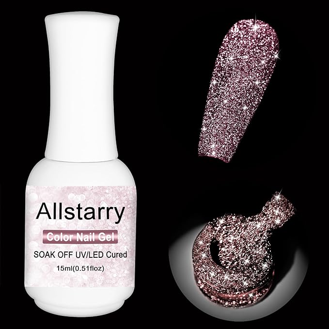 Allstarry Reflective Glitter Gel Nail Polish, 15ml/0.5 Fl Oz Shimmer Sparkle Diamond Glitter Gel Polish UV LED Curing Soak Off Home DIY Nail Salon for Nail Art Disco Party Nightclub - Rose Gold