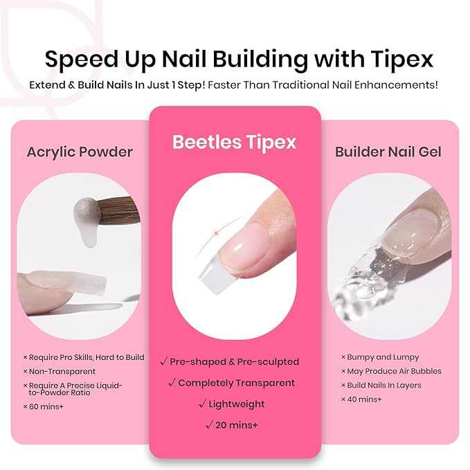 Beetles Tipex Gel Nail Kit Short Coffin Instant Apex Nail Tips, 224 Pcs 16 Sizes Pre-Building Pre-Etched False Nail Tips with Tipex Uv Nail Glue,Mini Nail Lamp-Thick Acrylic Nail Set