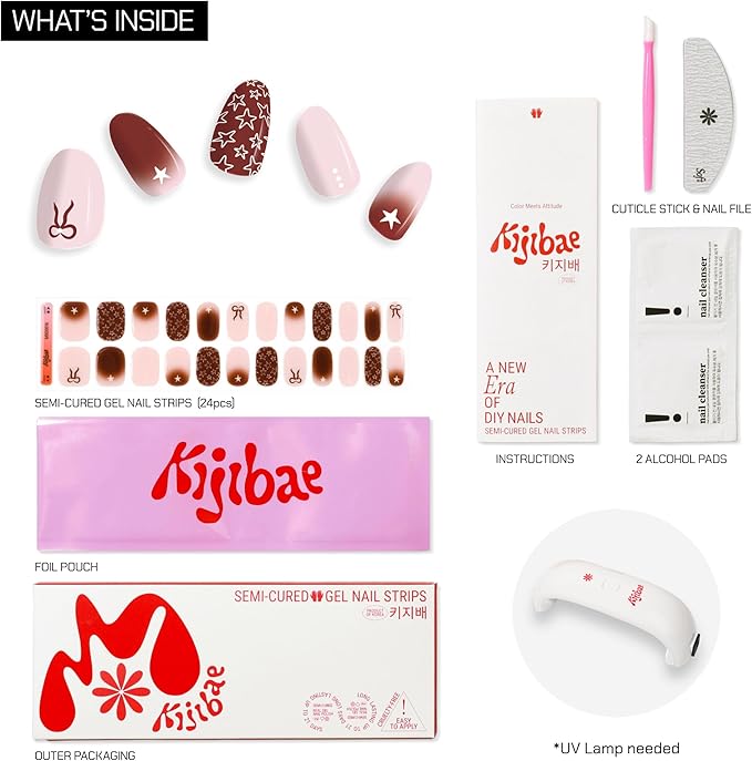 Baby Pink & Brown Semi Cured Gel UV Nail Stickers with Stars & Bows - 24 pcs Trendy Style Gel Polish Strips, 60s UV Gel Nail Strips, Salon Quality, Nail Decal Wraps up to 3-Weeks (Star Girl)