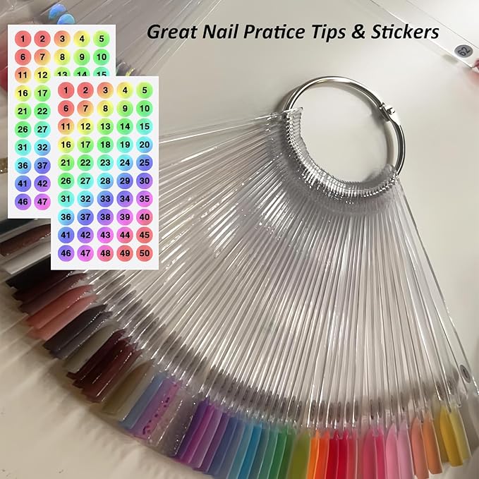 Fan-Shaped Nail Swatch Sticks with Number Stickers, Nail Practice Sticks, Color Display Wheel, Sample Tips (Transparent-50pcs)