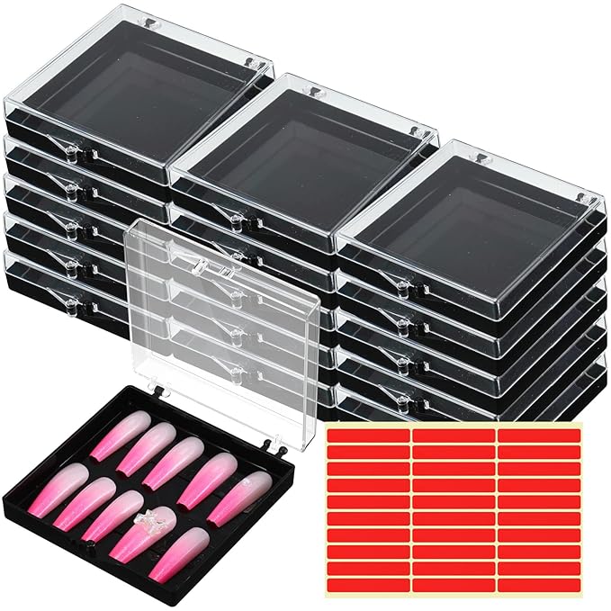 Landhoow 15 Pcs Press On Nail Boxes Nail Display Case with 30 Adhesive Tape, Artificial Press On Nail Container, Acrylic Storage Organizer(Black)