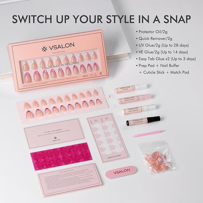 VSALON Press On Nails Short Almond 42 Pcs White Pink French Tip Glitter Chrome Nails in 16 Sizes Reusable Fake Nail Kit With UV Glue Easy Tabs Nail Glue Remover Summer DIY Home Salon Gift For Women