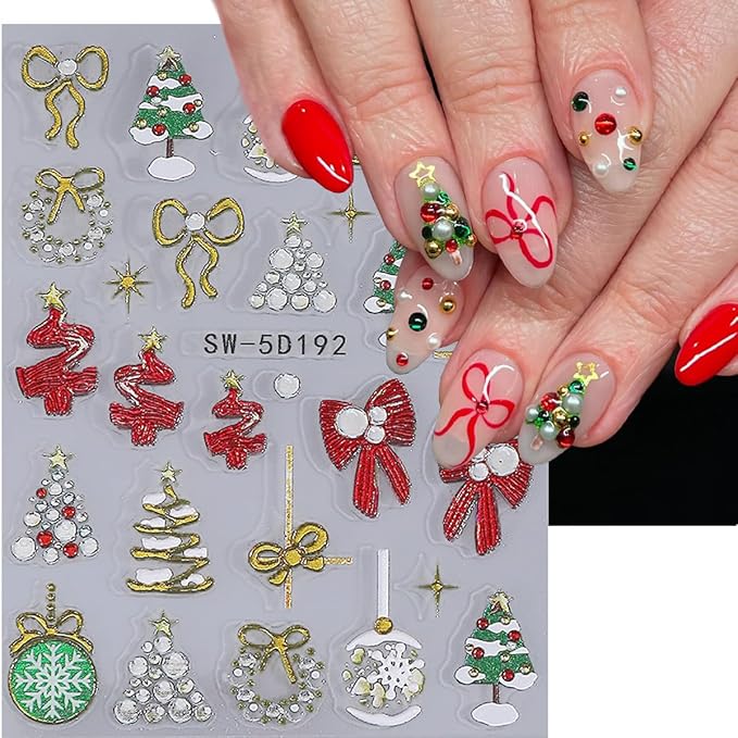 2 Sheets Christmas Nail Stickers 5D Embossed Winter Nail Art Stickers Xmas Tree Holly Wreath Elk Bow Rhinestones Nails Designs Self-Adhesive Gold Nail Decals Snowflake Nails Art Supplies for Women