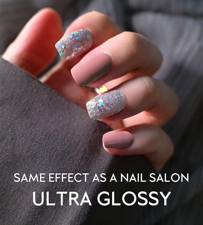 Beaolata Semi Cured Gel Nail Strips - UV Light Gel Nail Stickers - 20 Long Lasting Salon Quality Wraps (Pink Peony Glitter)