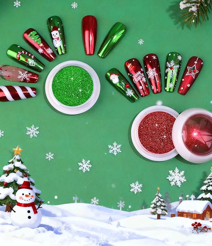 Red Green Chrome Nail Powder - 6pcs Christmas Blue Purple Gold Nail Chrome Powder, Sparkly Holographic Chrome POwder for Nails Mirror Effect Glitter Pigment Dust - Christmas Nail Home DIY