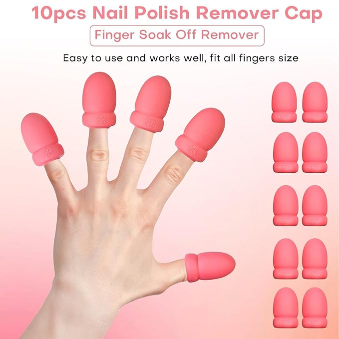 Gel Polish Remover Refill Kits for Nails, Holiday Gifts for Women 4-in-1 Pink Nail Polish Remover Set with Soak Off Caps & Nail Buffer Block | Nail File | Cuticle Pusher for Poly Gel & Acrylic Nails