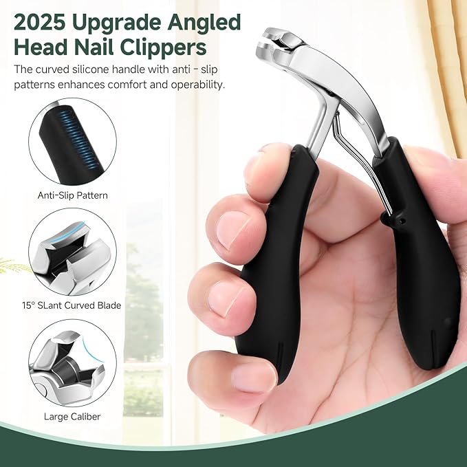 Toe Nail Clippers for Seniors, Dual- Angled Head & Long Handle, Heavy Duty Ingrown Toenail Clipper Set for Men (Black 5-in-1 Set)