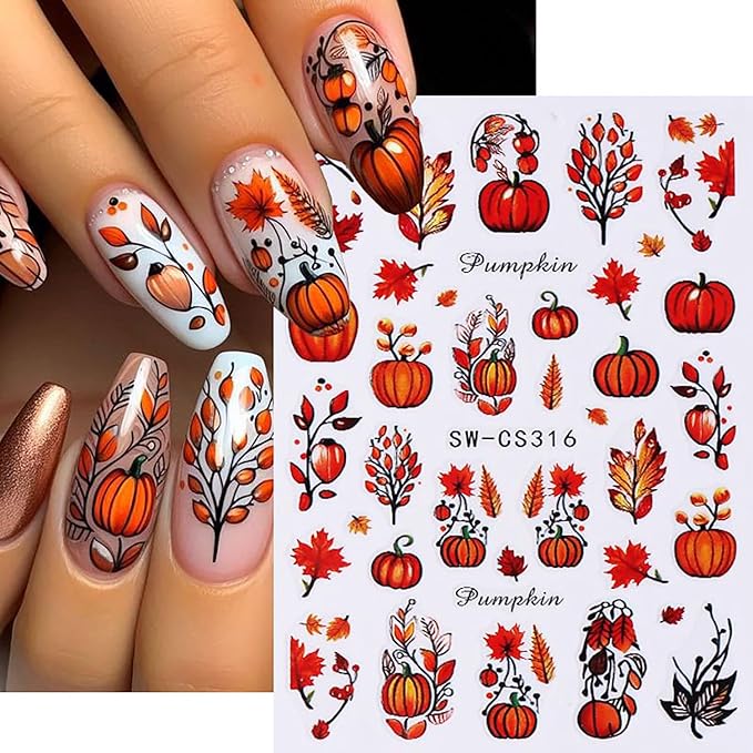 6 Sheets Thanksgiving Nail Art Stickers 3D Self -Adhesive Fall Maple Leaf Nail Decals Holographic Flower Pumpkin Nail Stickers Autumn Thanksgiving Nail Staickers Decoration for Women DIY Manicure