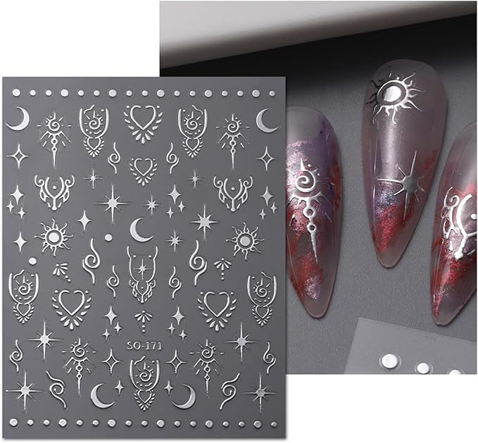 KEHKFSEF Moon Star Nail Stickers, 3D Self-Adhesive Art Decals Stars Sun Design Stickers Laser Gold Supplies Heart Silver for Women Girls DIY Acrylic Decoration.