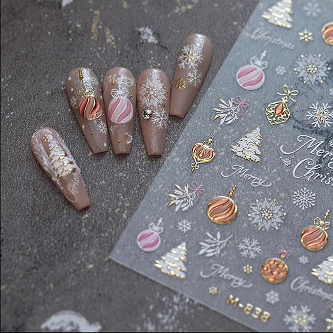 1 Sheet Christmas Nail Art Stickers 5D Self-Adhesive Embossed Gold Snowflake Nail Stickers Snowball Xmas Tree Nail Decals Bow Snowball Nails Design for Women Winter Holiday Manicure DIY Nail Supplies