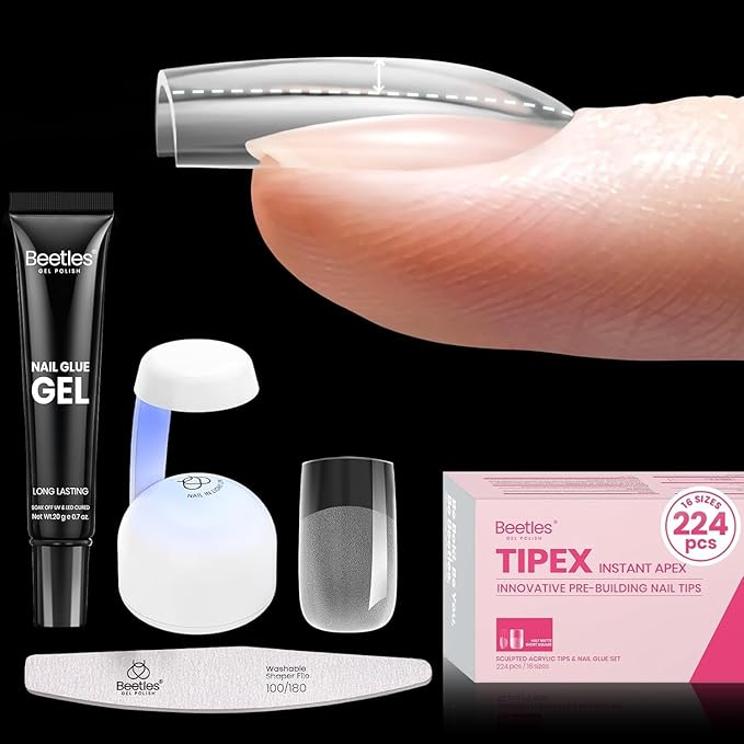 Beetles Tipex Instant Apex Nail Tips Kit Short Square , 224 Pcs Pre-Building Pre-Etched False Nail Tips with Tipex Nail Glue, Mini Nail Lamp-Thick Acrylic Nail Tips Set