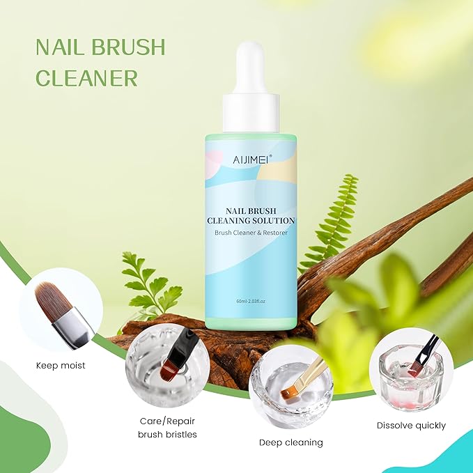 AIJIMEI Acrylic Nail Brush Cleaner Gel, Nail Brush Cleaning Solution Cleaner Restorer for Any Nail Art Brush Rapid Clean Brush Cleaner for Nails (60ml/2fl.oz-Aloe)