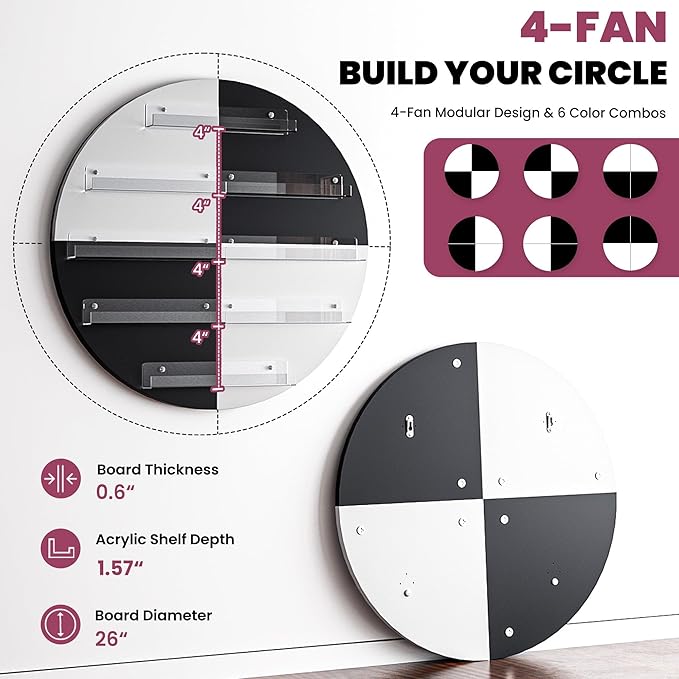 Wall Mount Nail Polish Rack, 5 Layers Round Nail Polish Organizer, Nail Salon Storage Display Shelves Perfume Essential Oil Bottles Holder w/Acrylic Baffle, White + Black