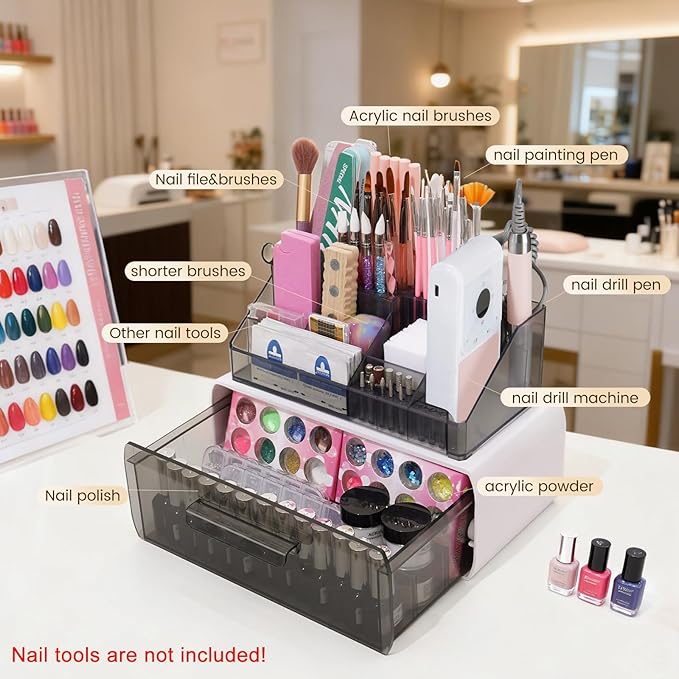 Nail Drill Polish Holder Stand- 2 Layers Nail Polish Storage Drawer- Professional 13 Holes Nail Drill Bits Holder & 40 Holes Nail Brush Pens Organizer Case Storage Box for Manicure Tools