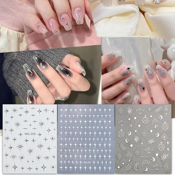 6 Sheets Shiny Star Nail Stickers for Nail Art 3D Luxury Glitter Star Rhinestones Nail Design Stickers Starlight Black White Nail Decals Star Nail Decor for Women DIY Nails Tip