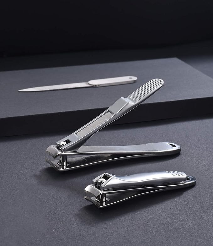 Nail Clipper Set - Stainless Steel Fingernail Clippers Toenail Curved Blades Nail Cutter and Nail File w/PU Sheath for Men Women