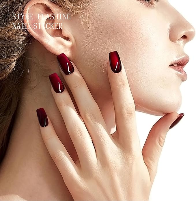 JMEOWIO Gel Nail Stickers Cat Eyes Red Semi Cured Gel Nail Strips Wraps UV/LED Nails Art Design Decoration Accessories