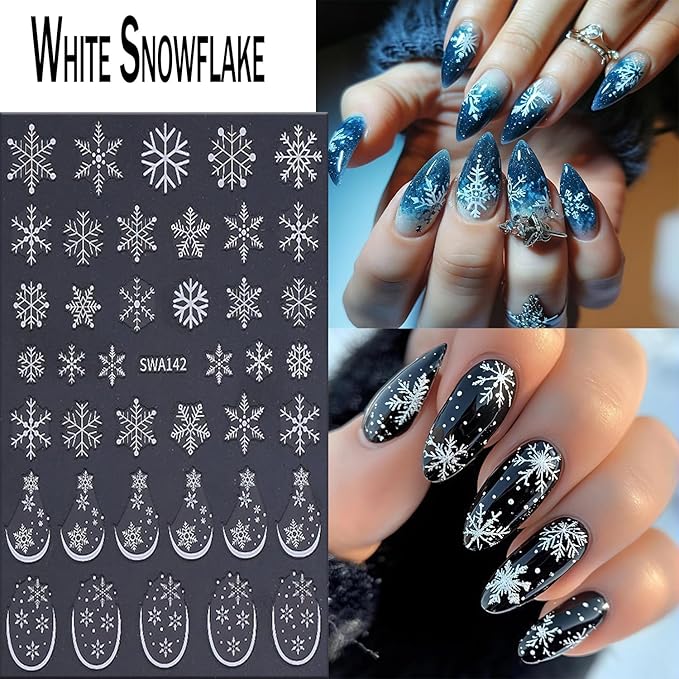 6 Sheets Christmas Snowflake Nail Art Stickers 3D Self -Adhesive Winter White Snowflake Nail Decals Holographic Festival French Nail Stickers Christmas Nail Staickers Decoration for Women Manicure