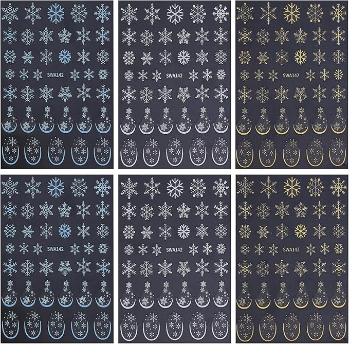 6 Sheets Christmas Snowflake Nail Art Stickers 3D Self -Adhesive Winter White Snowflake Nail Decals Holographic Festival French Nail Stickers Christmas Nail Staickers Decoration for Women Manicure