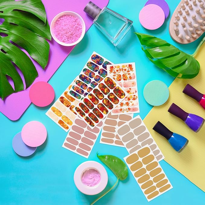 DANNEASY 8 Sheets Fall Nail Polish Stickers Full Nail Wraps for Women Maple Leaf Solid Color Nail Polish Strips Self Adhesive Fingernail Stickers with Nail File, Cuticle Stick