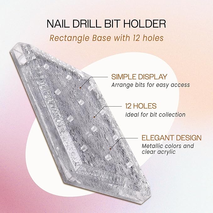 PANA Rectangle Transparent Acrylic Nail Drill Bit Holder Display Organizer Stand - Carbide Bit Storage Mount For Manicure Tools Nail Salon - 12 Holes Silver (Drill Bits Not Included)