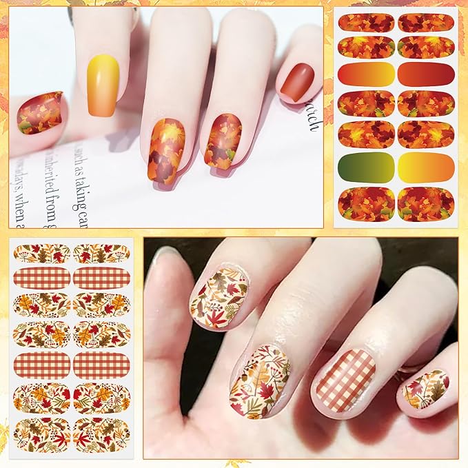 DANNEASY 8 Sheets Fall Nail Wraps for Women Maple Leaf Nail Polish Stickers Stick on Nail Polish Strips Gel Nail Strips Self Adhesive Fingernail Stickers Manicure with File, Cuticle Stick