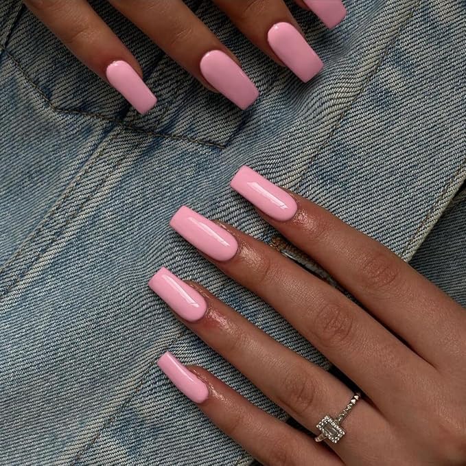 KQueenest Baby Pink Press on Nails Long Medium Square, Glossy Gel Medium Fake Nails Press ons, Natural Solid Color Full Cover Acrylic Nails for Women Daily Wear, 24 Pcs