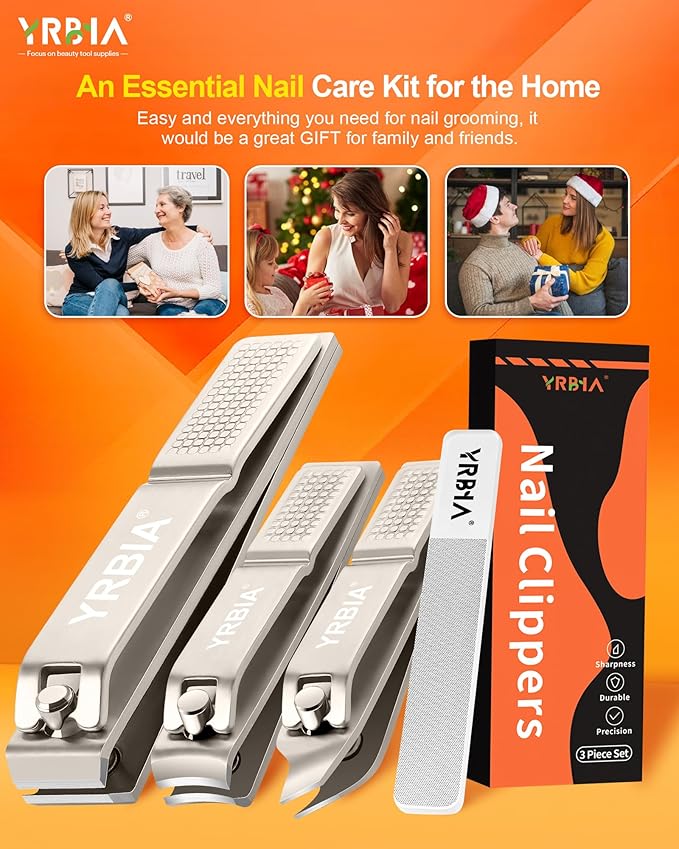 Nail Clippers with Glass Nail File, YRBIA Ultra Sharp Nail Clipper Set, Professional Stainless Steel Fingernail & Toenail Clippers Nail Cutter Set for Men & Women