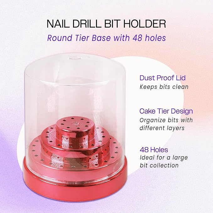 PANA Round Cake Tier Nail Drill Bit Holder Display Organizer Case - Dustproof Carbide Bit Storage Container Box For Manicure Tools Nail Salon - 48 Holes Rose Gold (Drill Bits Not Included)