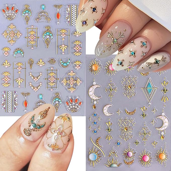 2 Sheets Gold Nail Stickers Sun Nail Art Stickers Stars Moon Nail Decals 5D Embossed Self Adhesive Nail Art Decals Rhinestones Nails Design for Women Decoration Accessories Manicure DIY